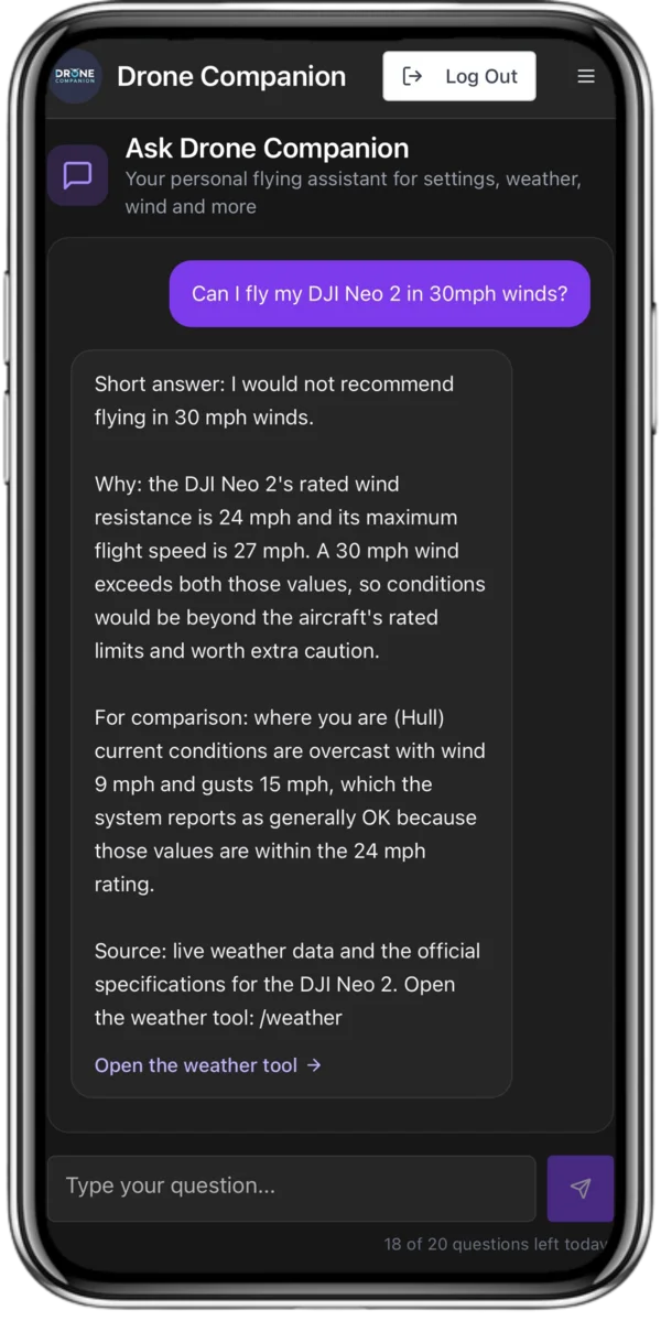 Ask Drone Companion — can I fly my DJI Neo 2 in 30mph winds?