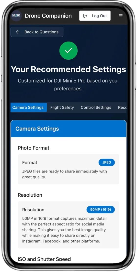 Recommended camera settings screen showing 50MP photo and resolution recommendations for a DJI Mini 5 Pro